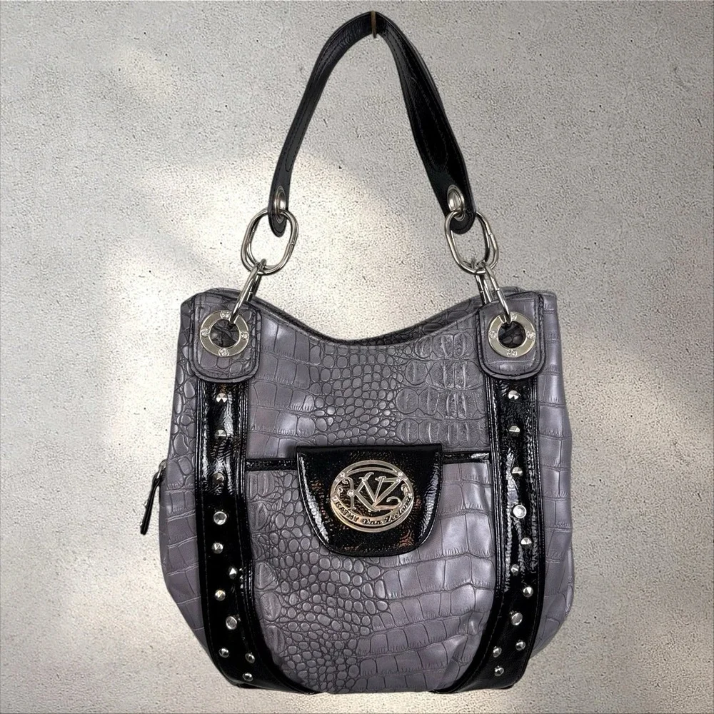 Kathy Van Zeeland Y2k Monogram Hobo Bag Rhinestone Crest Heart Charm Purse